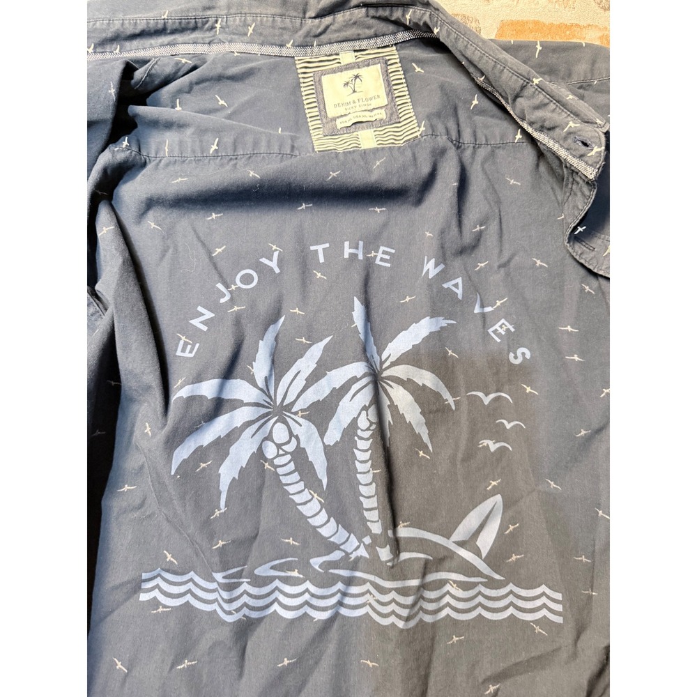 Denim & Flower Mens XL Bird Print Short Sleeve Button Down Shirt Enjoy The Waves